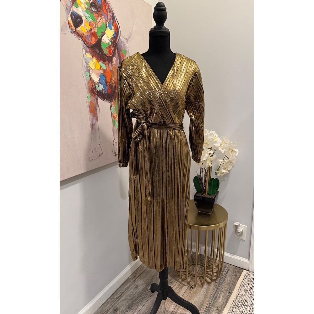 Ana & Rose‎ Gold Metallic Pleated Wrap Midi Dress Long Sleeve V-Neck, Size M